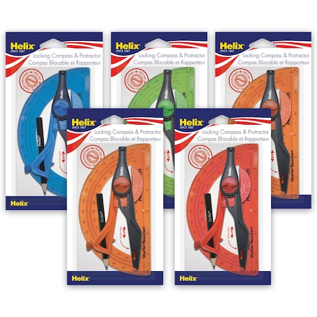 Helix Plastic Locking Compass & Protractor Set, 5PK 18803